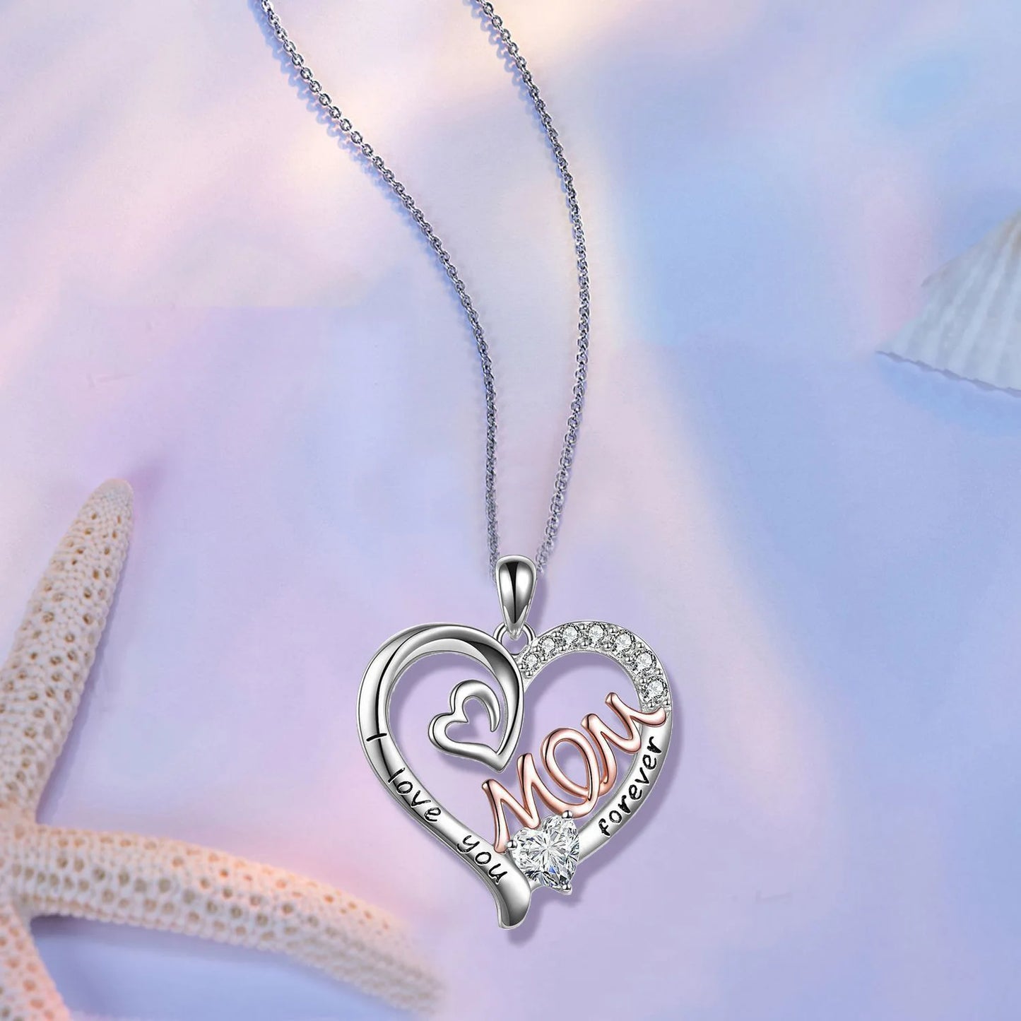 Elegant White K Plated Love Heart Mom Pendant