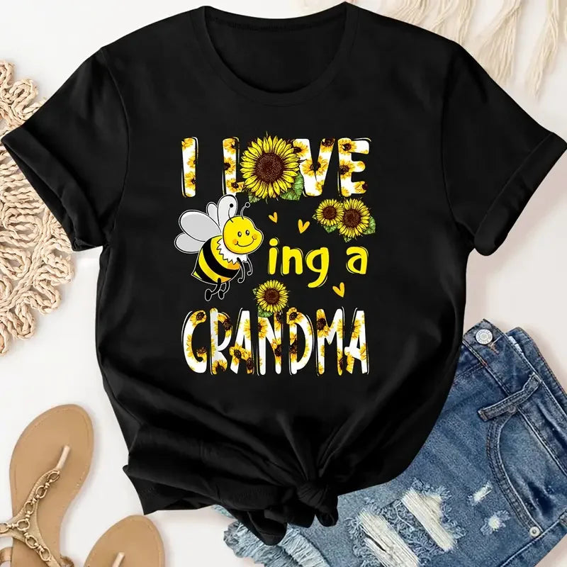 Grandma Letter Sunflower Bee Print Graphic Tee