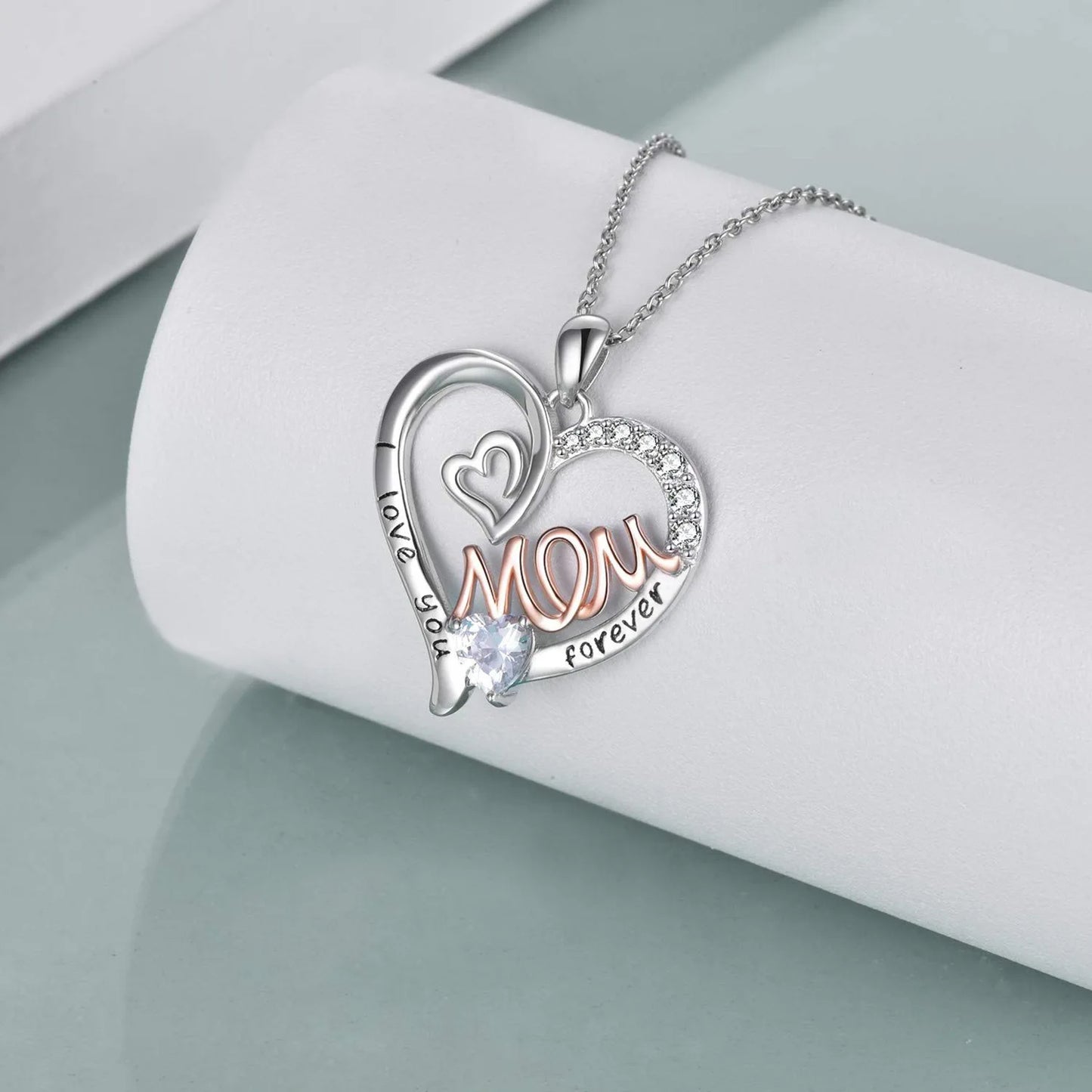 Elegant White K Plated Love Heart Mom Pendant