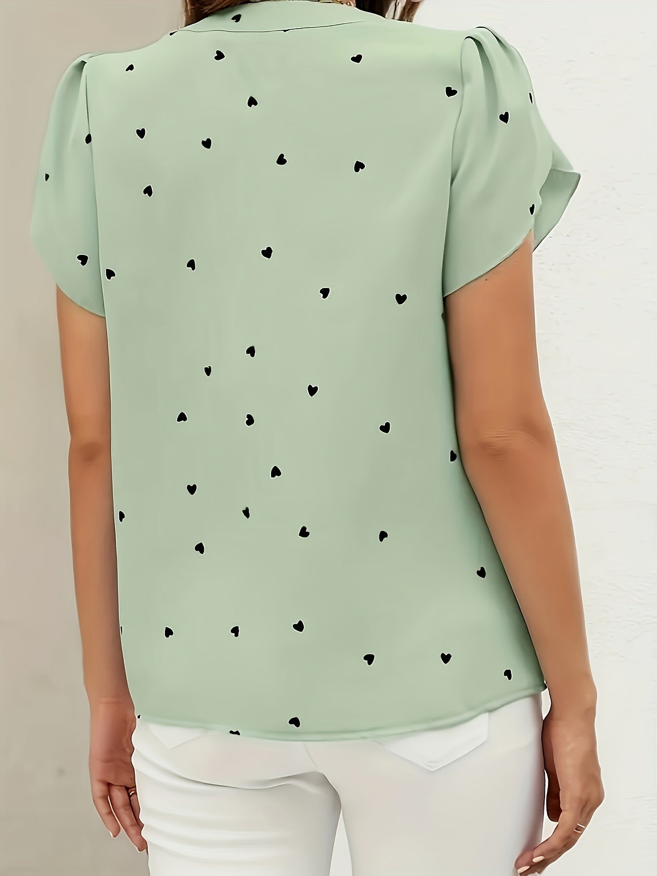 Chic Heart Print V-Neck Blouse for Women