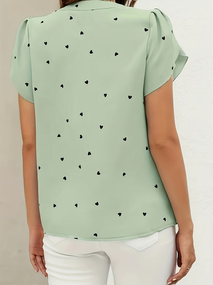 Chic Heart Print V-Neck Blouse for Women