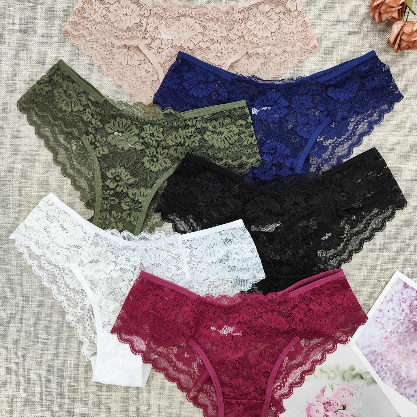 6pcs Women's Lace Floral Low-Rise Bikini Panties