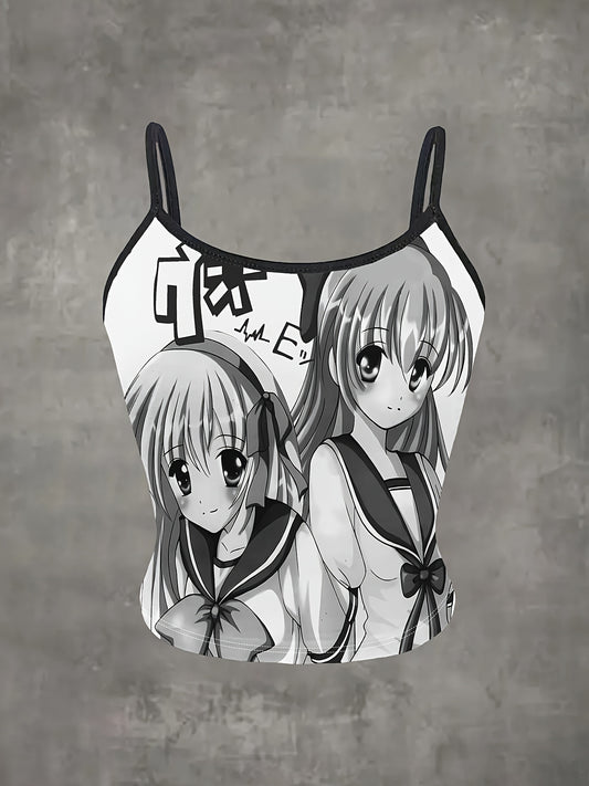 Anime Print Crop Top - Women's Fashion