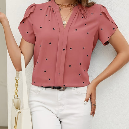 Chic Heart Print V-Neck Blouse for Women