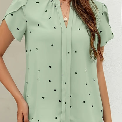 Chic Heart Print V-Neck Blouse for Women
