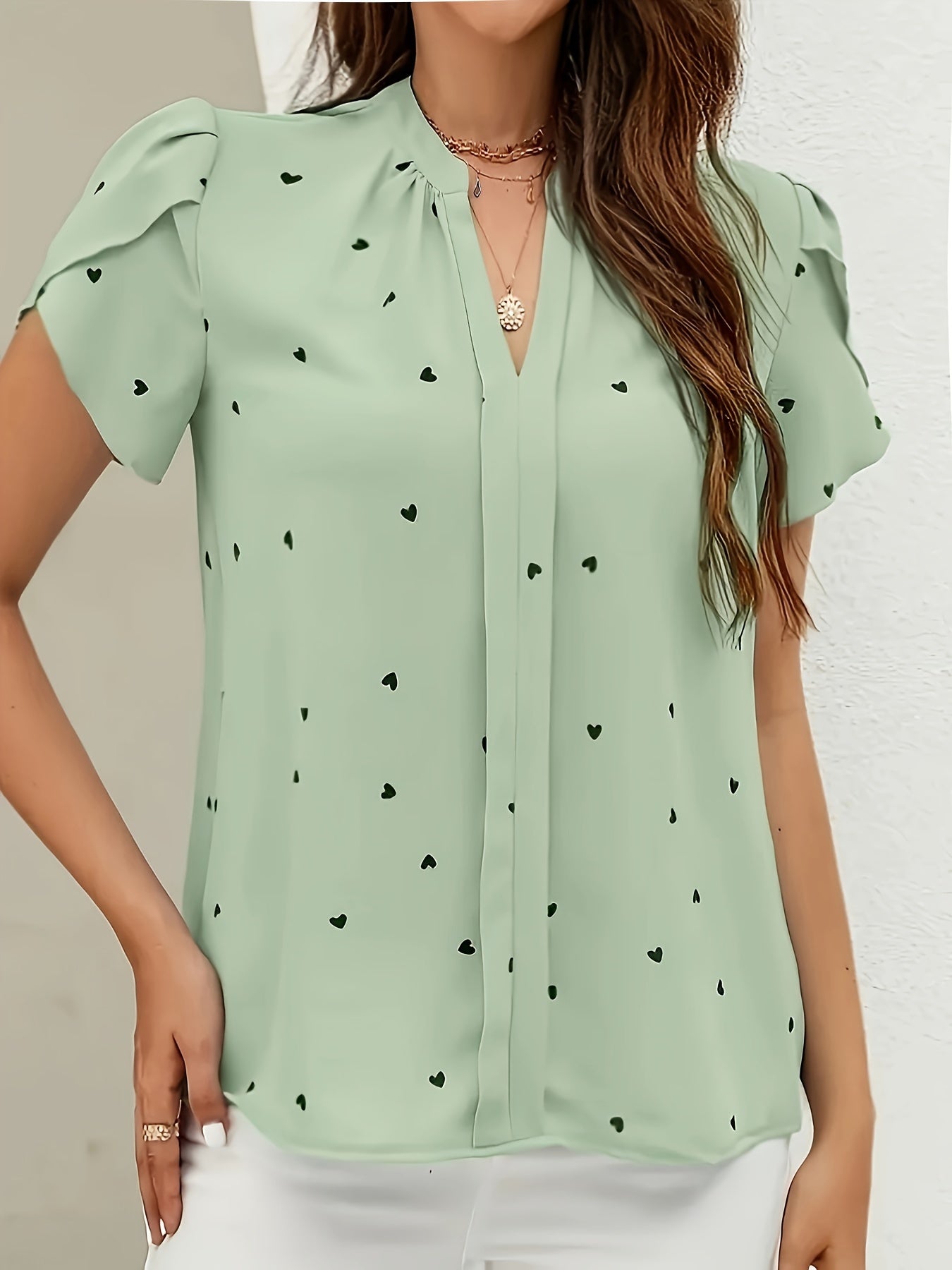 Chic Heart Print V-Neck Blouse for Women