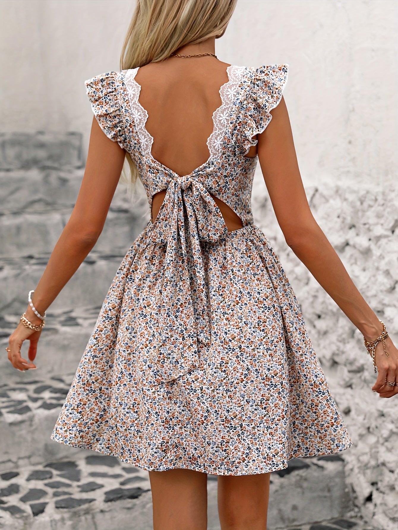 Contrast Lace Bow Back Dress