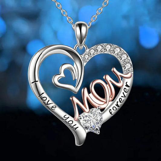 Elegant White K Plated Love Heart Mom Pendant