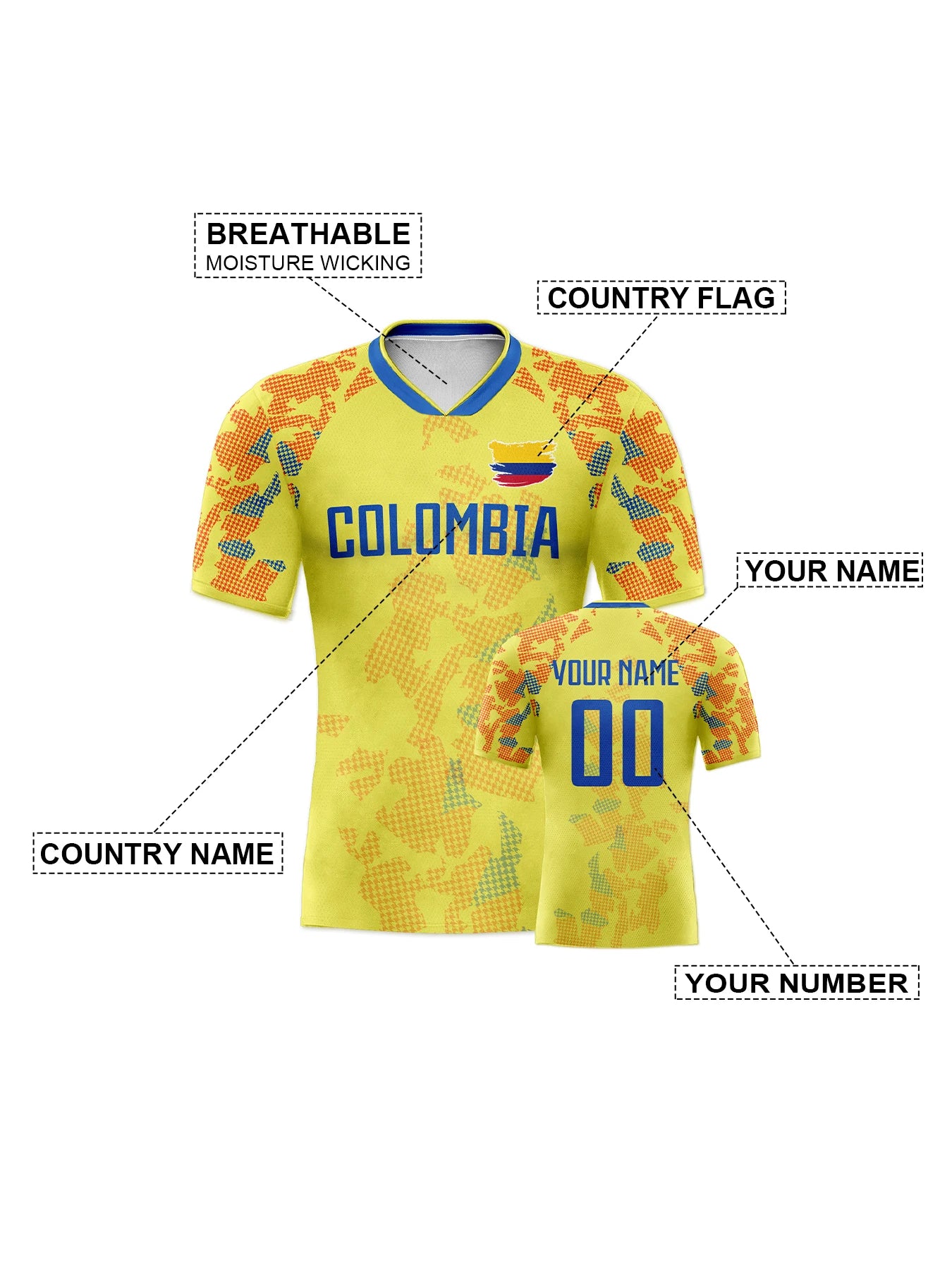 Custom Colombia Soccer Jersey with Personalized Name and Number, Men Kids Women Team Football Shirt with National Flag