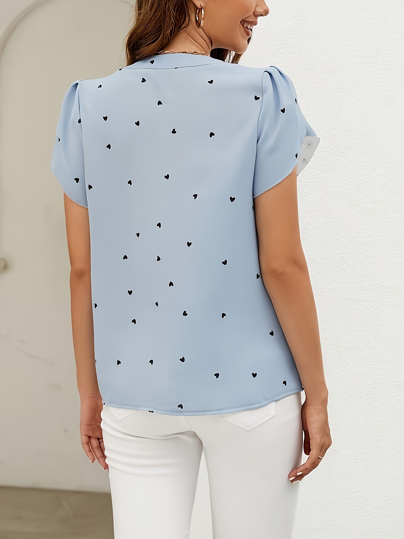Chic Heart Print V-Neck Blouse for Women