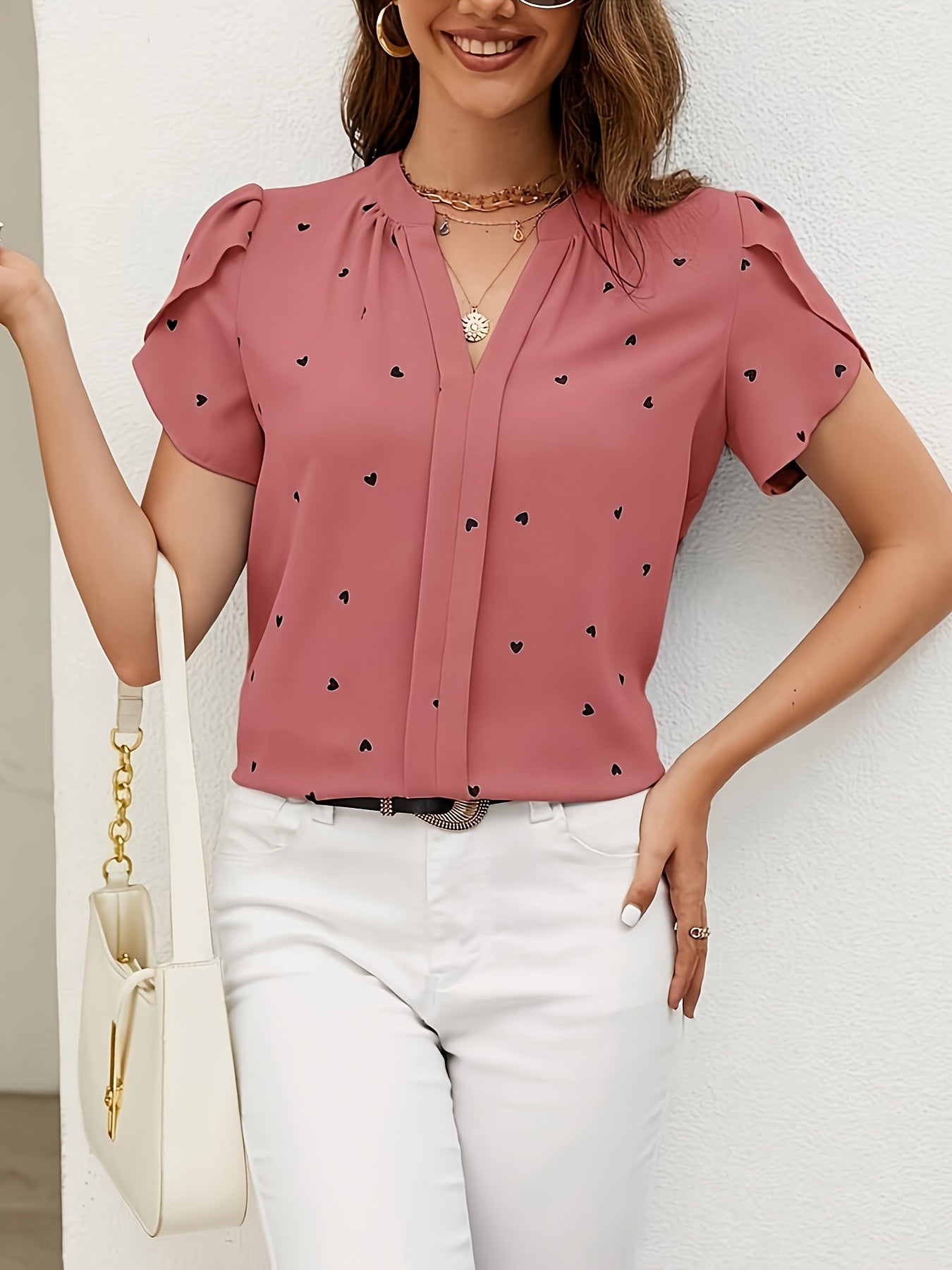 Chic Heart Print V-Neck Blouse for Women