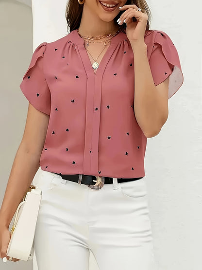 Chic Heart Print V-Neck Blouse for Women