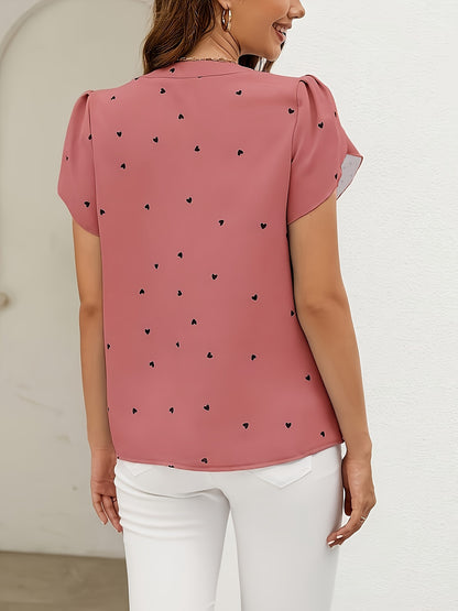 Chic Heart Print V-Neck Blouse for Women
