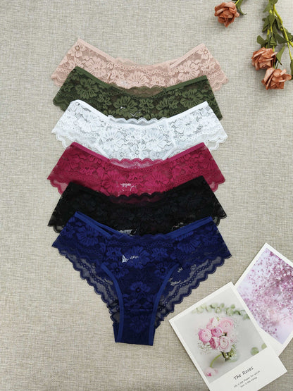 6pcs Women's Lace Floral Low-Rise Bikini Panties