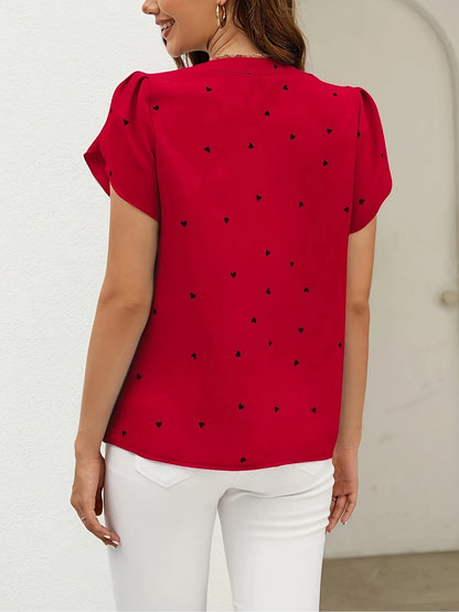 Chic Heart Print V-Neck Blouse for Women