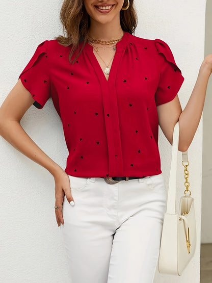 Chic Heart Print V-Neck Blouse for Women