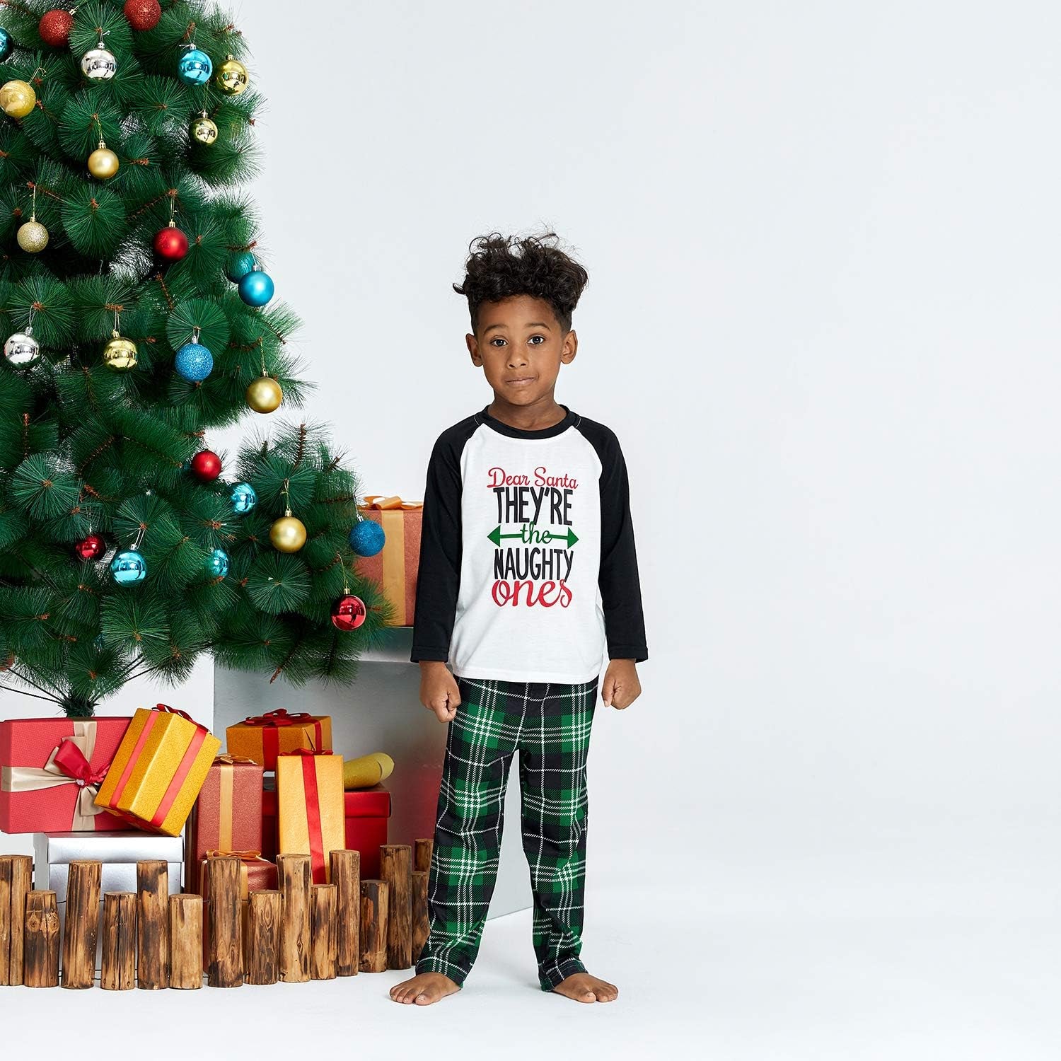 Matching Family Christmas Pajamas Sets - Pj'S Letter Print Top and Plaid Pants Jammies Sleepwear