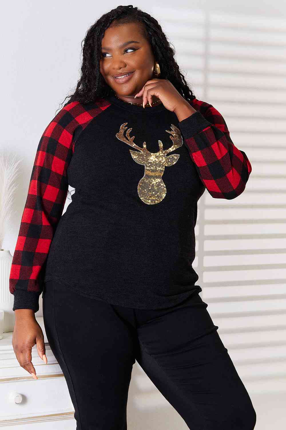 Winter Collection - Reindeer Graphic Plaid Top