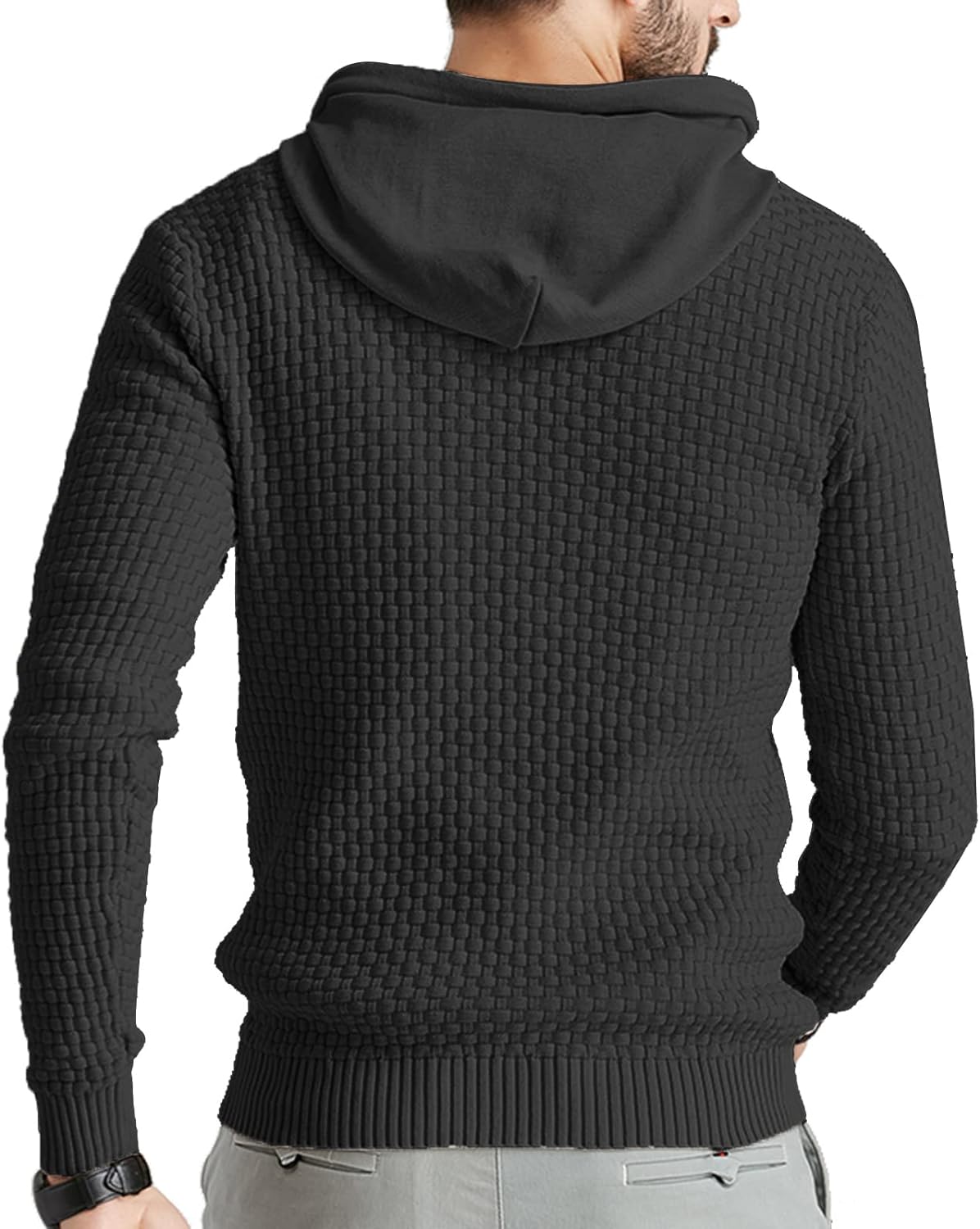 Men's Long Sleeve Solid Knitted Hooded Pullover Sweater