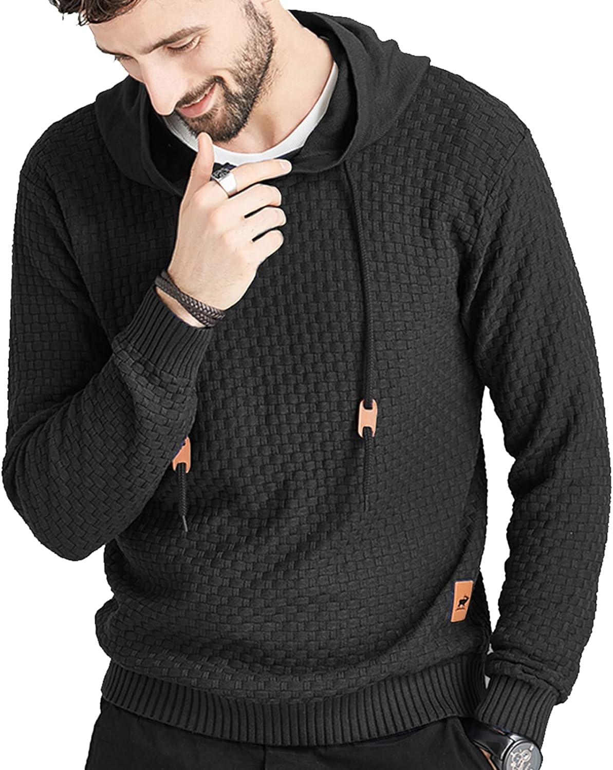 Men's Long Sleeve Solid Knitted Hooded Pullover Sweater