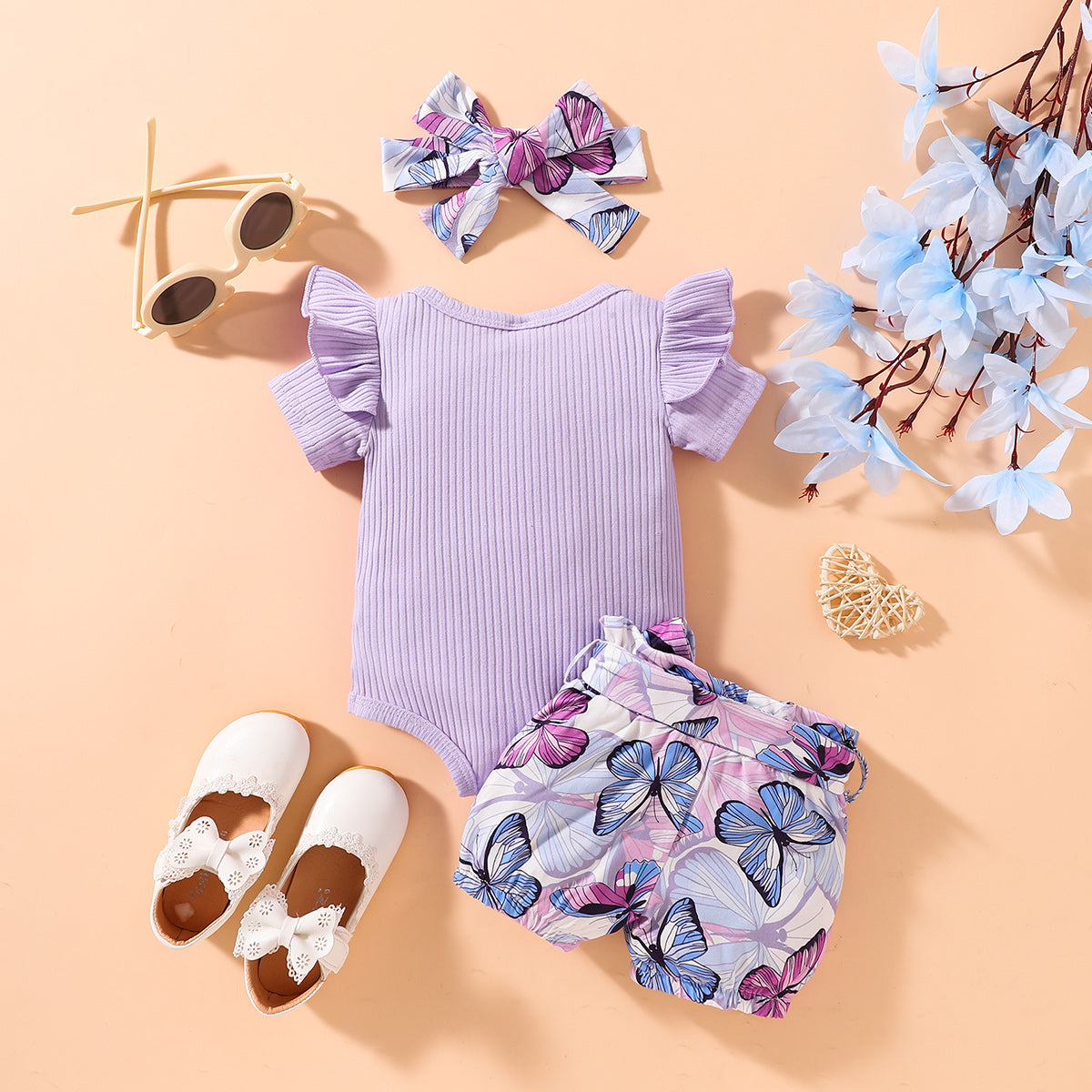 Bodysuit and Butterfly Print Shorts Set