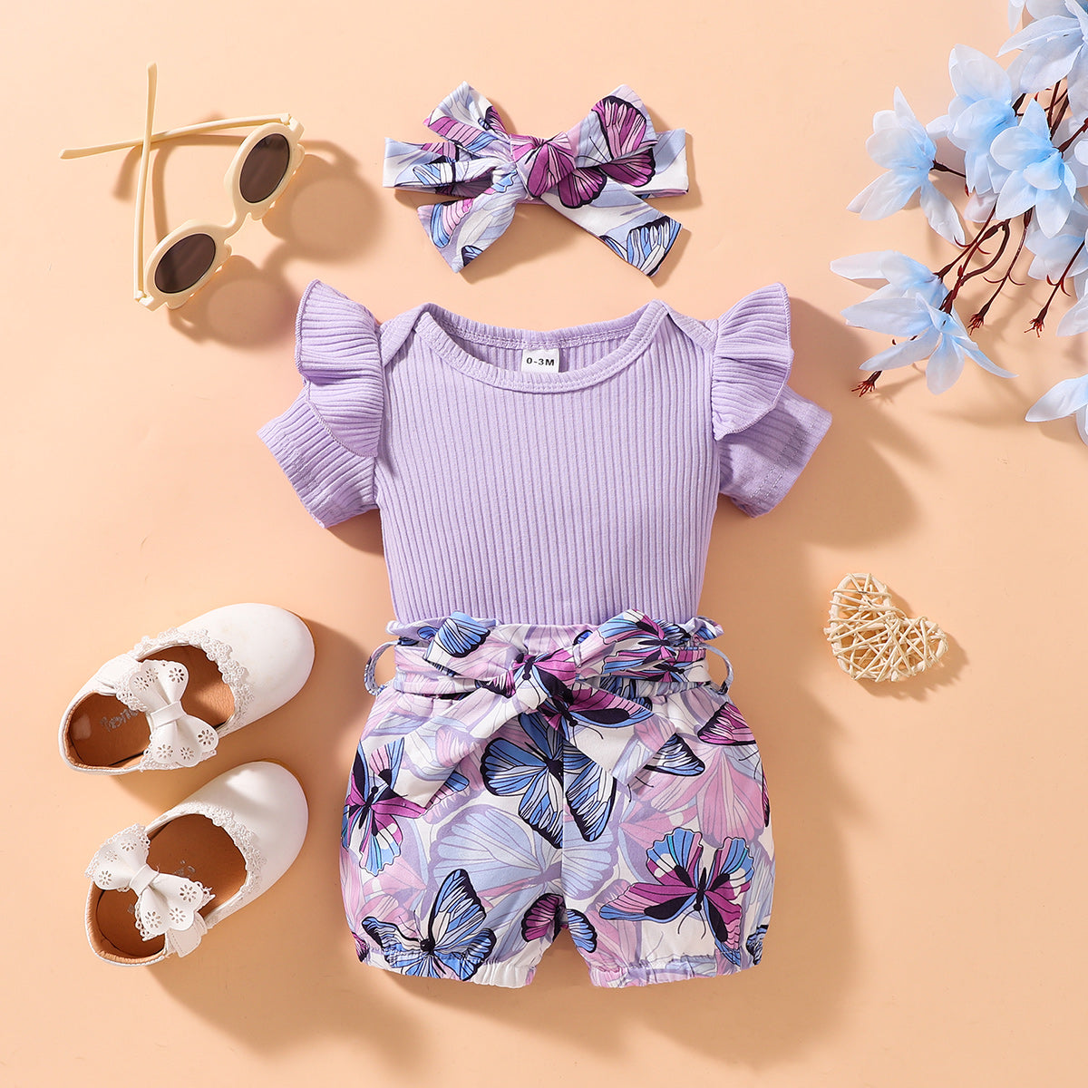 Bodysuit and Butterfly Print Shorts Set