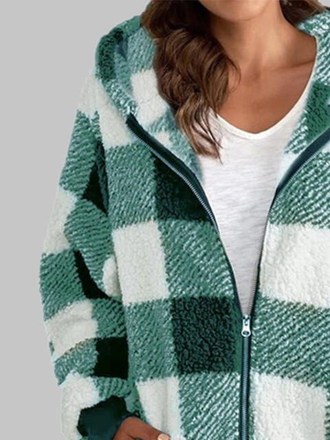 Plaid Zip-Up Hooded Jacket with Pockets