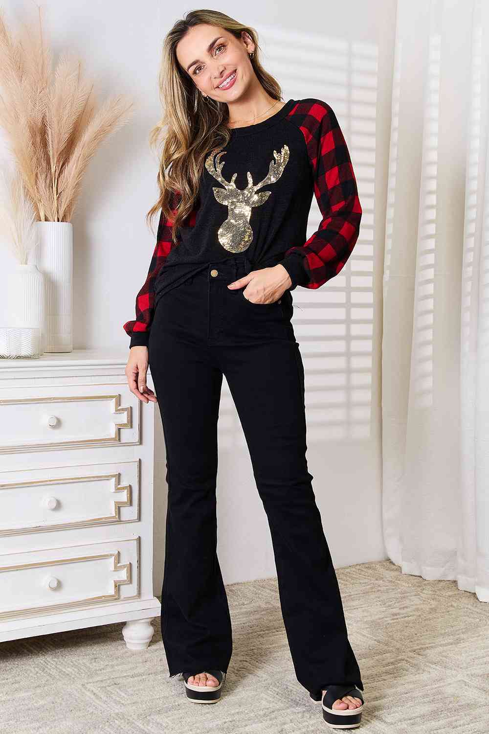 Winter Collection - Reindeer Graphic Plaid Top