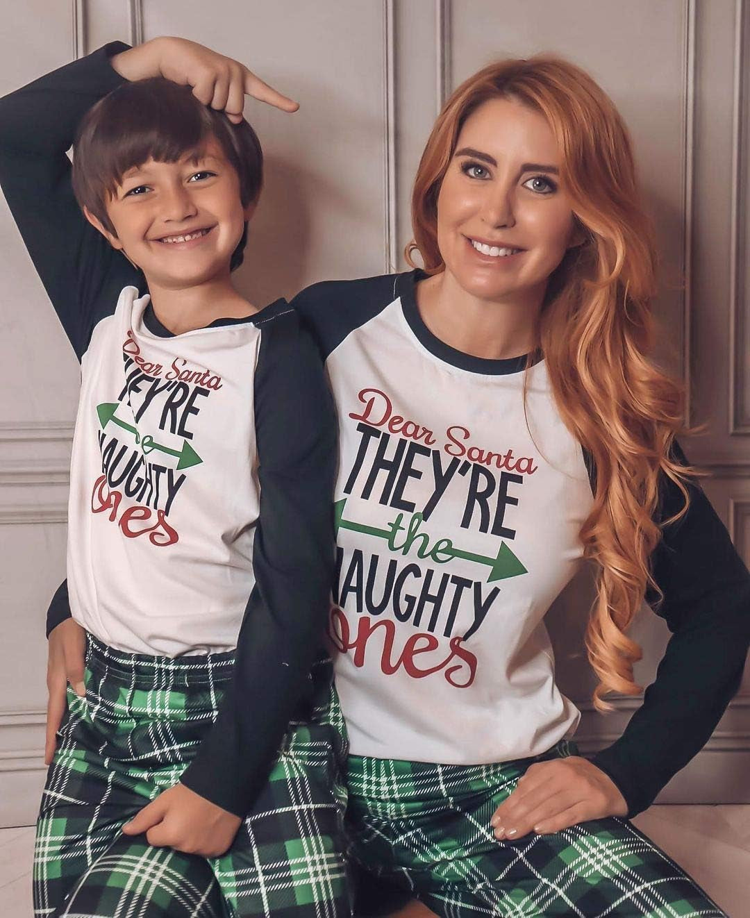 Matching Family Christmas Pajamas Sets - Pj'S Letter Print Top and Plaid Pants Jammies Sleepwear