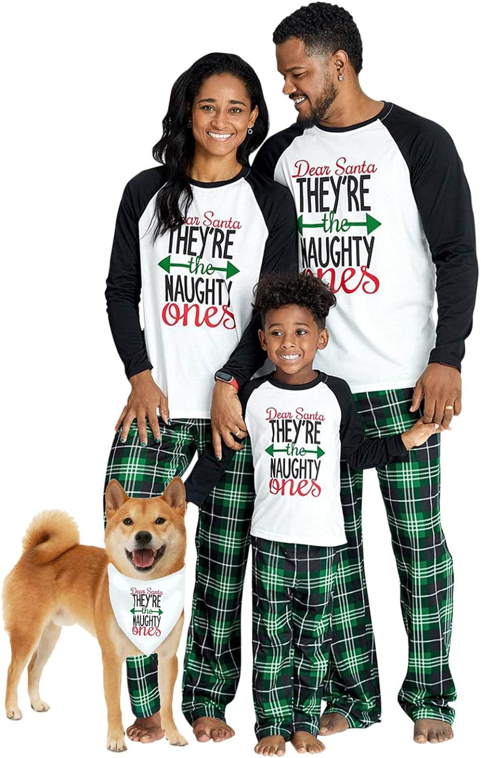 Matching Family Christmas Pajamas Sets - Pj'S Letter Print Top and Plaid Pants Jammies Sleepwear